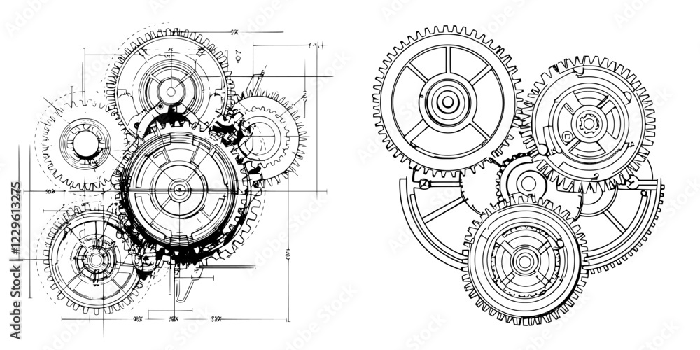 Poster illustration of mechanical gears and cogs with technical drawings and dimensions in an engineering d