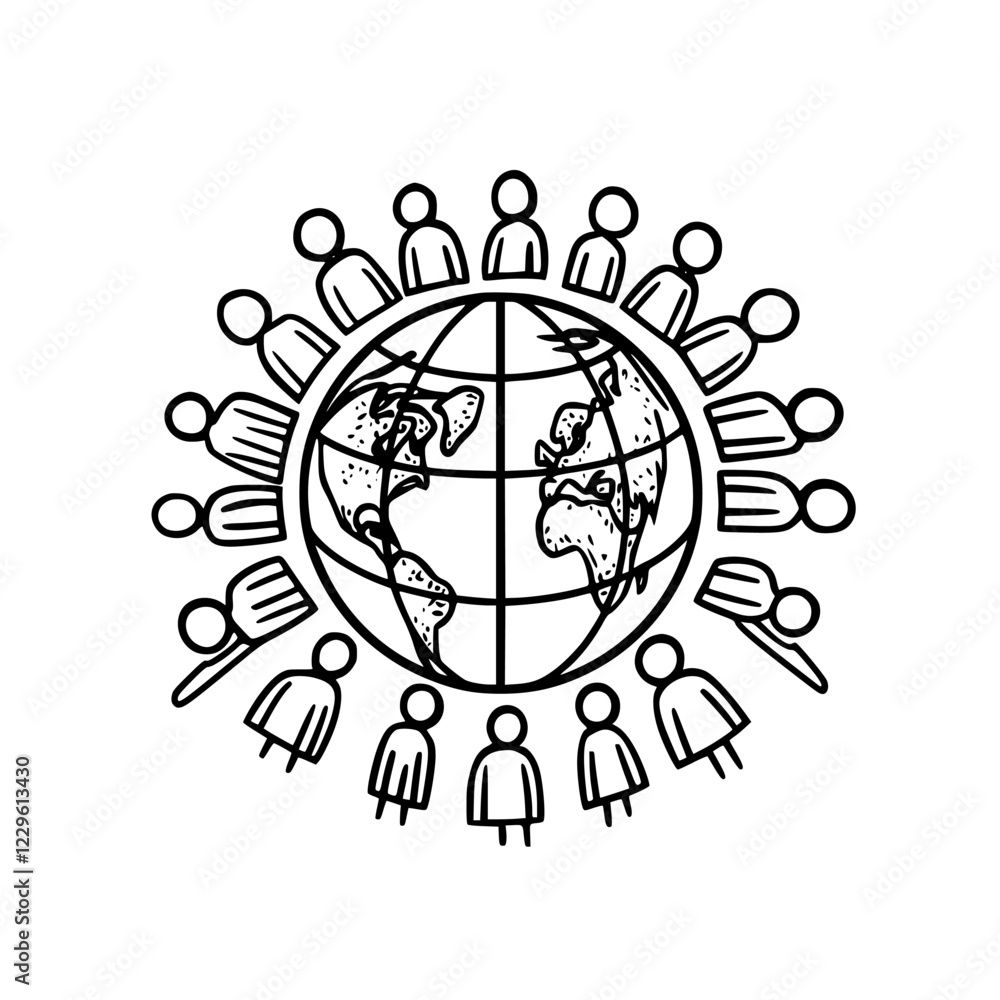 Poster global community gathered around the world symbolizing unity and collaboration for a better future