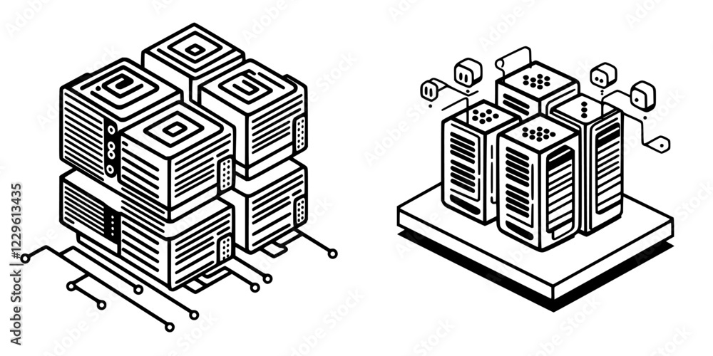 Poster computer server collection with intricate designs and interconnected components in a tech environmen