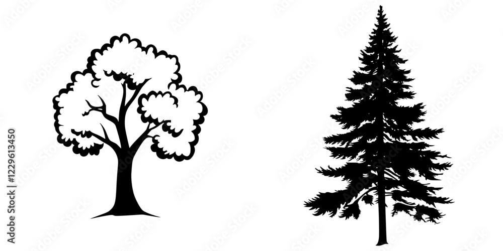 Poster two contrasting tree silhouettes representing different types of trees in a simple, bold design suit