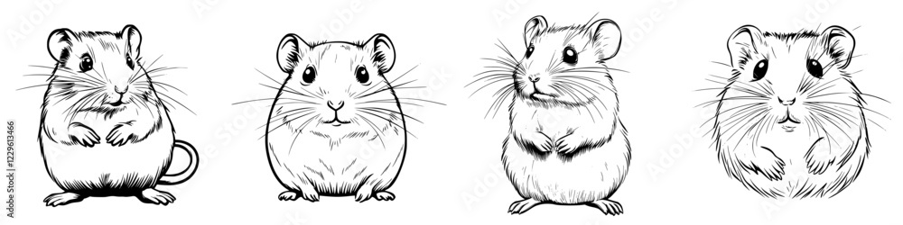 Poster sketches of various hamsters showcasing their unique features and expressions in a playful style