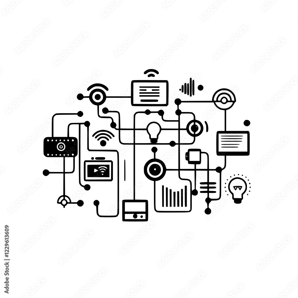 Poster conceptual illustration of interconnected technology symbols representing modern digital communicati