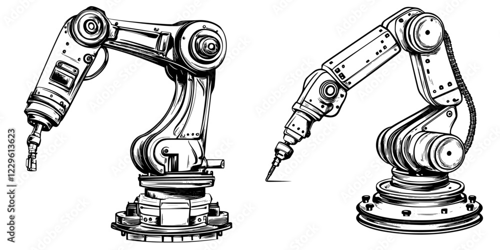Poster robotic arms engaged in industrial tasks showcasing advanced automation technology in a factory sett