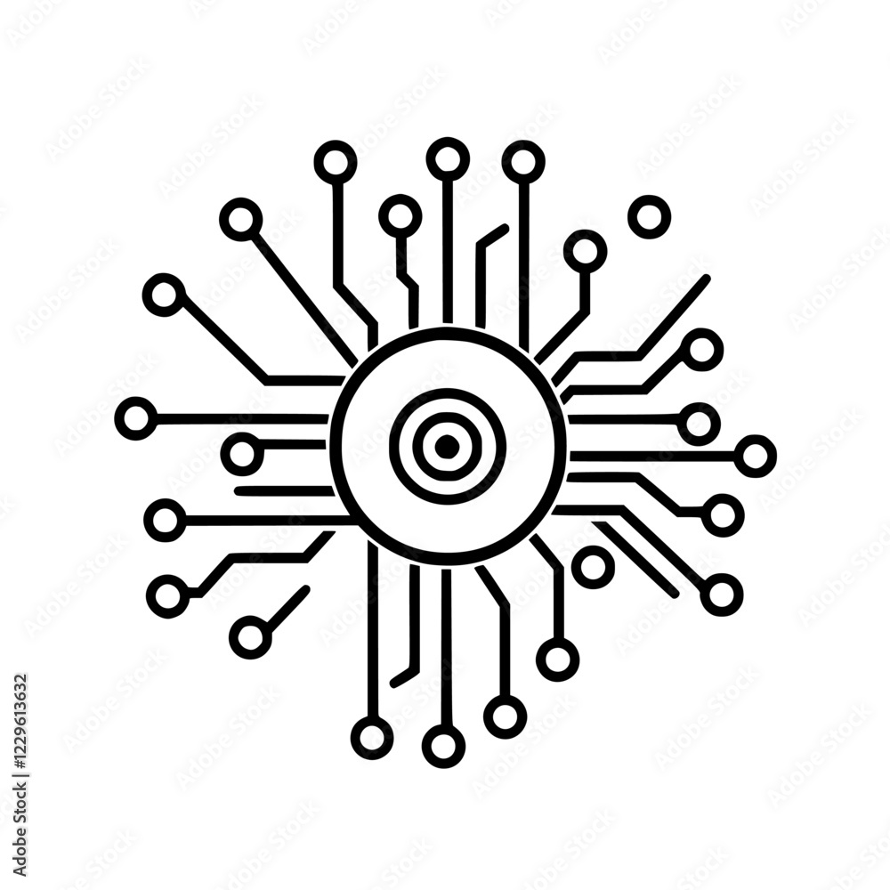 Poster circuit design featuring a stylized central processor and radiating connections in a minimalistic st