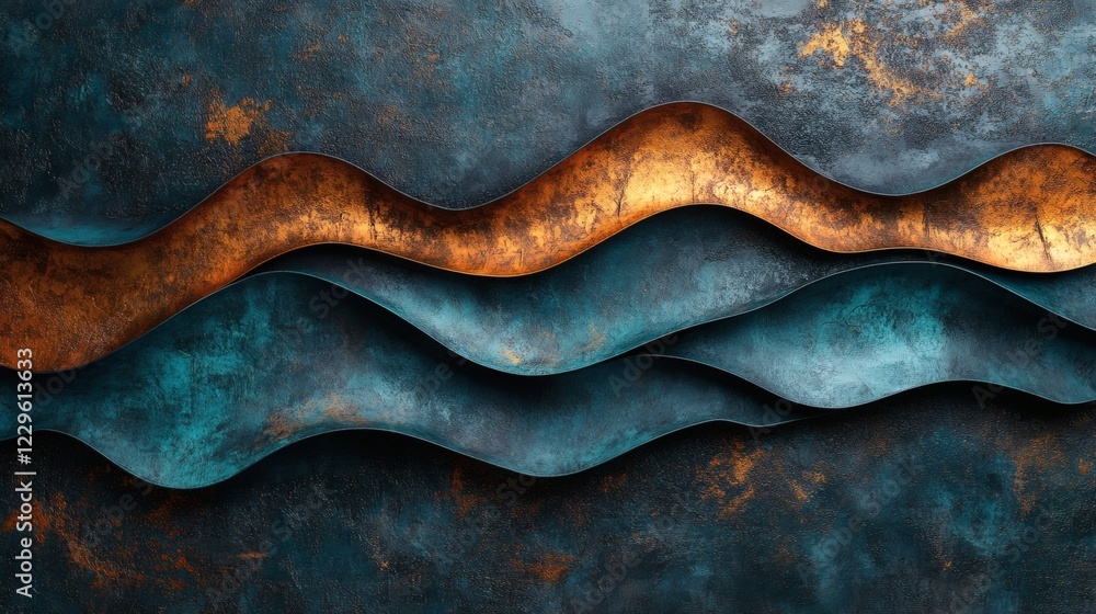 Poster abstract wallpaper design a blend of dark teal and bronze waves featuring a grainy texture and noise