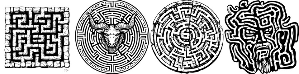 Intricate maze artwork featuring geometric designs and animal motifs in black and white on textured backgrounds