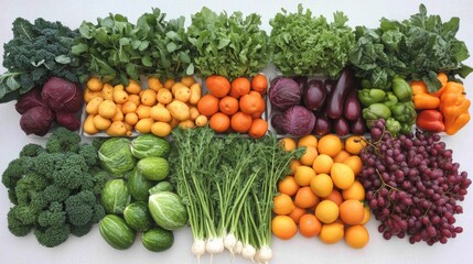 Assorted fruits and vegetables arranged on a white background for healthy eating and nutrition concept