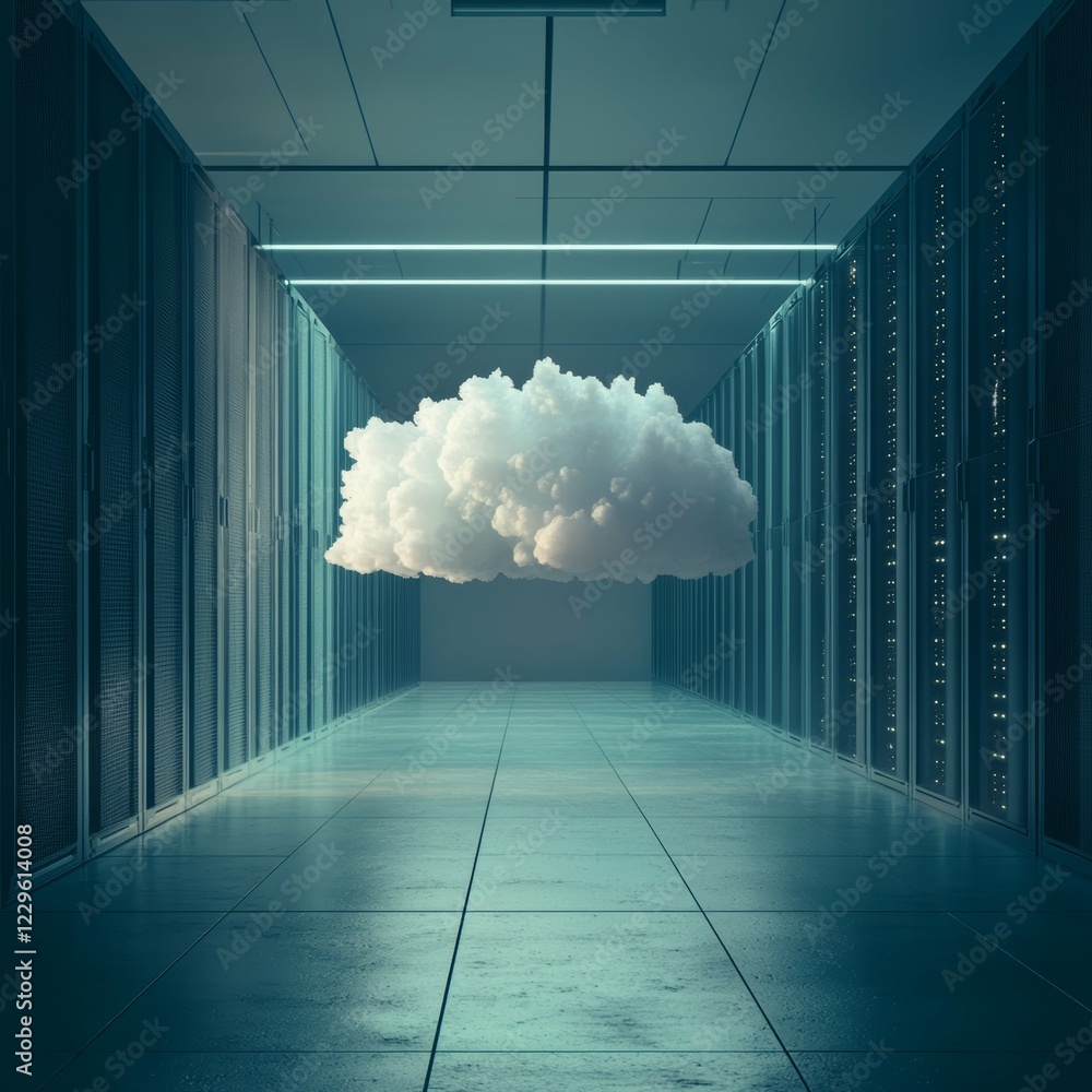 Poster a cloud hovering in a modern data center illuminates the future of technology