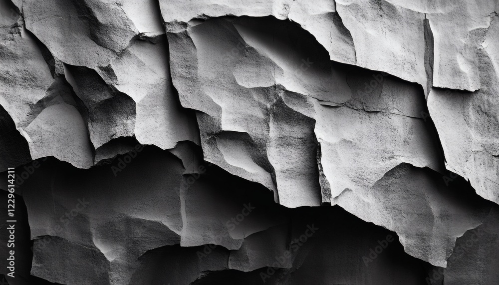 Poster abstract grayscale image of a rugged rock face with deep crevices and shadows.