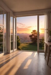 Fototapeta premium Soft morning light pours into the room through a window with a serene sunset view background, window, serene, morning light