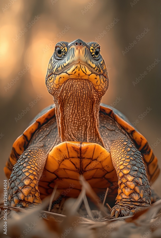 Poster close-up portrait of a colorful turtle highlighting its intricate shell and bright colors against a 