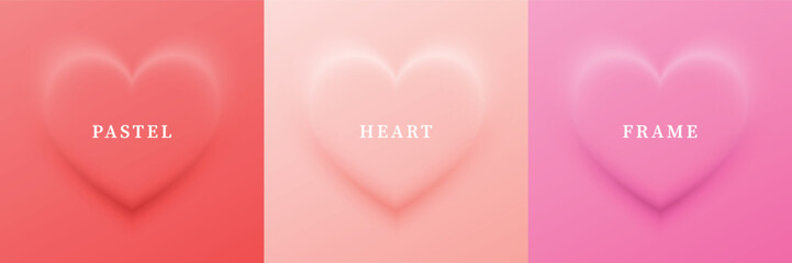 A set of abstract 3D heart designs in different colors featuring geometric heart shape frames, perfect for cosmetic product display backdrops, shown in top view as a vector illustration.