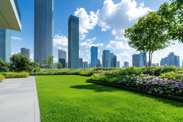 Obraz premium Urban green spaces modern skyscrapers and vibrant gardens cityscape nature daylight serenity