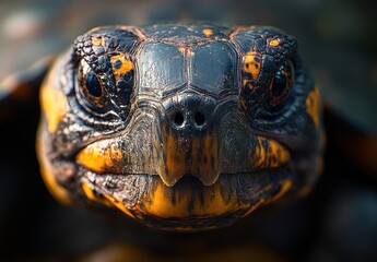 Obraz premium Close-Up Portrait of a Majestic Turtle with Detailed Shell Texture Highlighting Intricate Patterns and Vivid Colors in Natural Habitat Environment