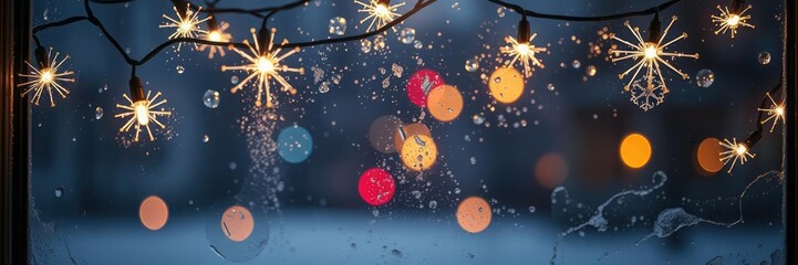 Fototapeta premium Sparkling Christmas lights on a frosty window, shiny glass, twinkling lights