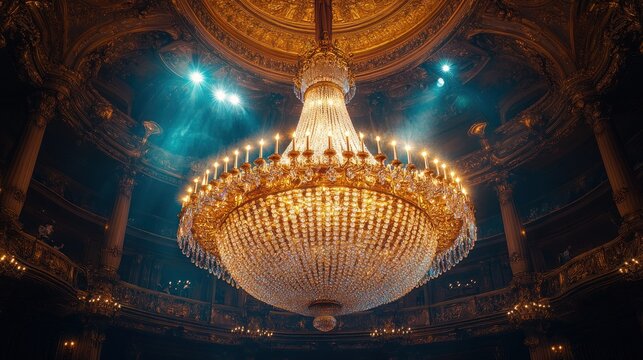 Palace theater chandelier, stage lights, audience