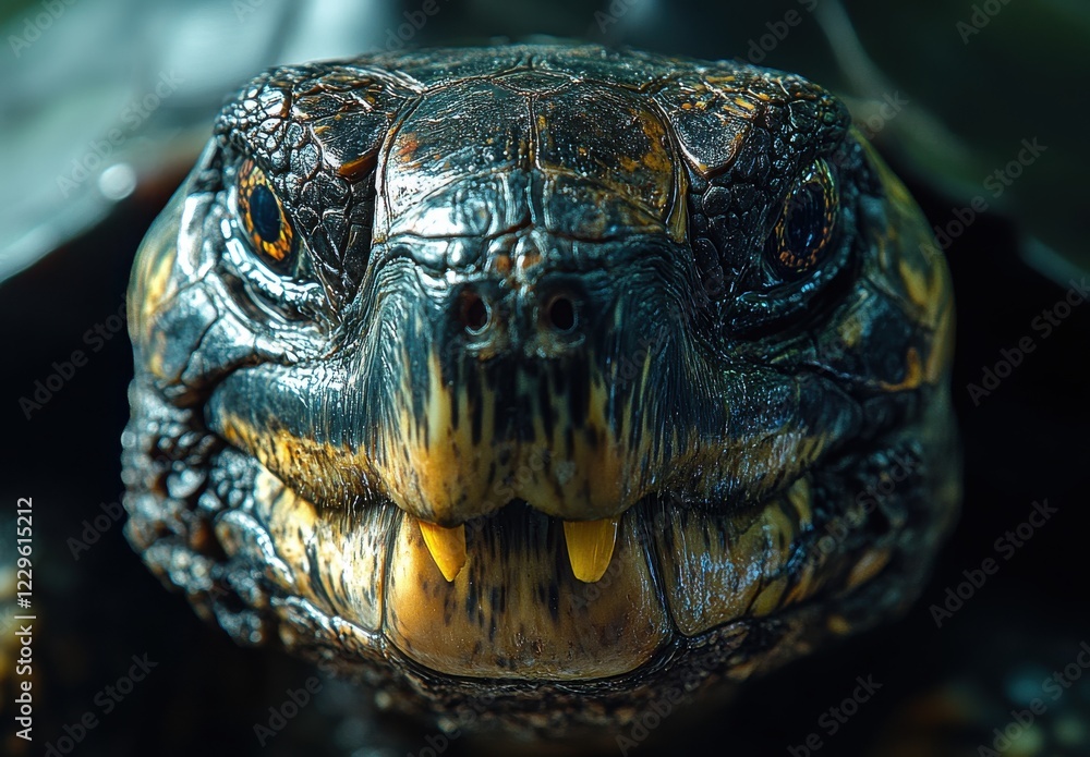 Poster close-up portrait of a turtle showcasing its detailed shell texture and unique facial features highl