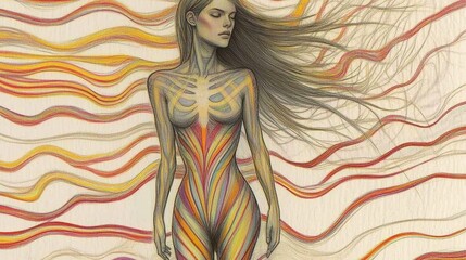 Woman Form Embracing Flowing Colorful Lines