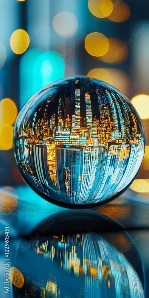 Poster Reflective Cityscape in Glass Sphere with Bokeh and Illuminated Architecture
