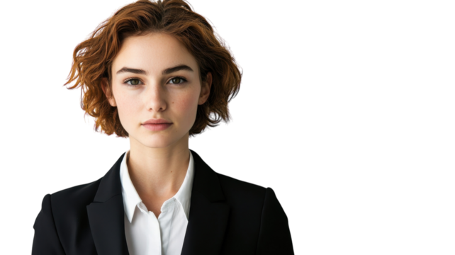 Young professional woman in a black suit confidently poses for a portrait in a minimalistic setting