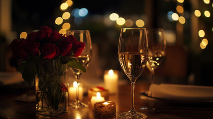 Romantic Dinner Setting Red Roses Candles Wine Glasses Elegant Night Date Love Warm Cozy Food Table 