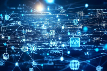 Obraz premium Complex tech network visualizing interconnected nodes and data streams for network engineering and IT.