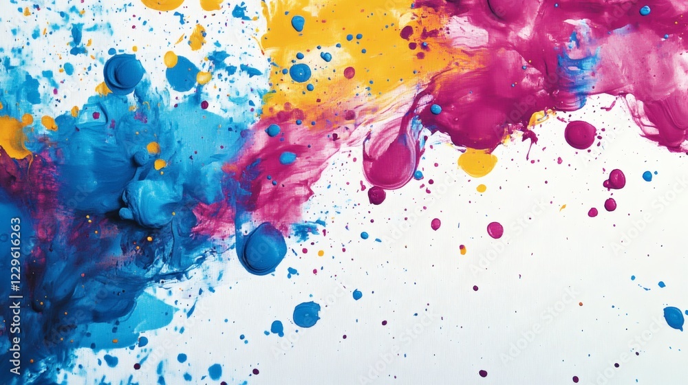 Poster abstract background with vibrant splashes of blue pink and yellow ink scattered across a white canva