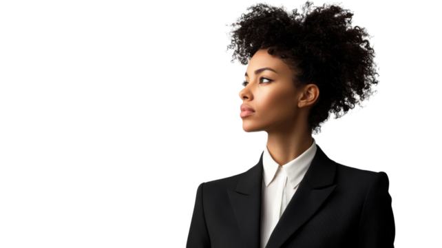 Confident young woman in formal attire staring into the distance during a studio session in a minimalistic setting