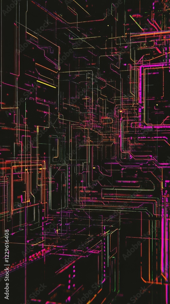 Poster abstract digital artwork featuring neon circuit board design with glowing lines and geometric patter