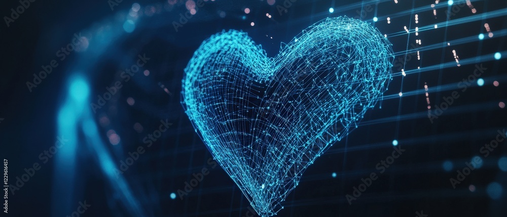 Poster digital heart made of glowing particles symbolizing love, technology, and connection in modern relat