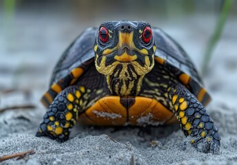 Close-Up View of a Colorful Turtle on Sandy Beach, Showcasing Bright Red Eyes and Unique Shell Patterns in Natural Habitat