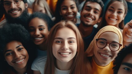large mixed group of smiling students of different cultures looking at camera