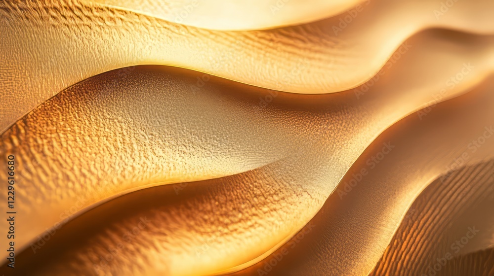 Poster close-up of abstract golden sand dunes with smooth waves and intricate textures illuminated by warm 