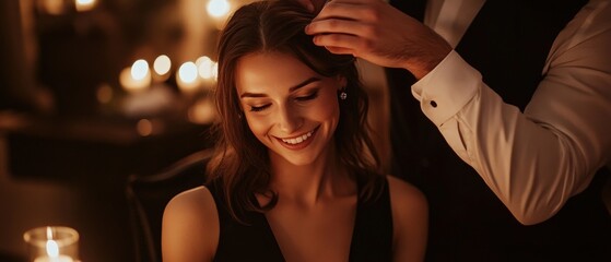 Dinner, intimate setting with a woman smiling as a man styles her hair, warm ambiance with soft candles, creating a romantic atmosphere for a special evening.