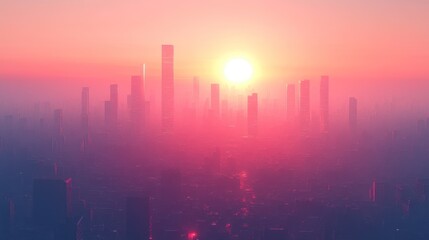 Pink sunset over hazy futuristic city skyline