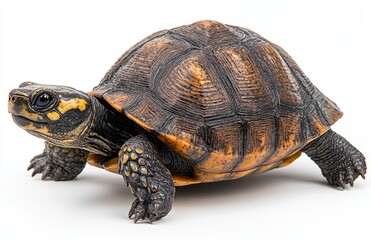 Fototapeta premium Close-up View of a Colorful Turtle with Intricate Shell Patterns and Clear Details on a White Background