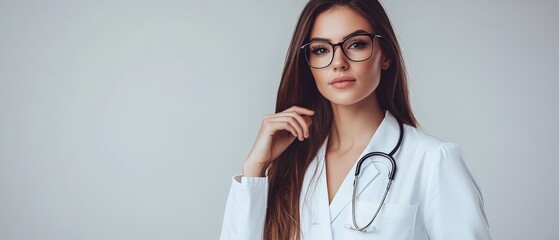 Doctor, healthcare professional with stethoscope in white coat, promoting medical advice and wellness solutions in a clinical or office environment.