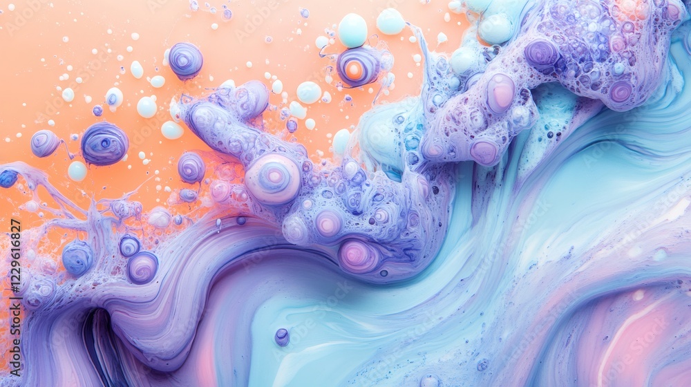 Poster abstract scene of colorful ink splatters in pastel shades of lavender mint and peach creating a soft