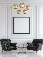 A vertical, blank white frame on the wall of an elegant, modern living room, with sleek black furniture and stylish decor. The focus is centered around the empty picture frame for mockup use. 