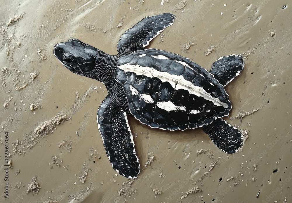 Aufkleber close-up view of a hatchling sea turtle on sandy shoreline, showing shell texture and unique pattern