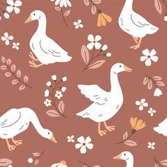 Seamless vector pattern with white goose on floral background. Hand drawn cute Easter goose pattern. Perfect for textile, wallpaper or nursery print design.