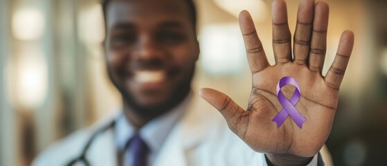 Doctor showing purple awareness ribbon in hand for cancer support, healthcare campaigns, and community outreach promoting health awareness and medical advocacy.