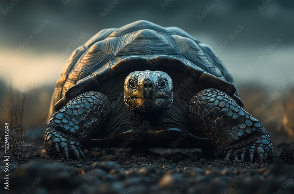 Poster close-up view of a majestic turtle on a sandy ground highlighting its intricate shell and unique fea