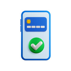 Vector cartoon 3d Confirm Mobile Payment concept. 3d render credit card, green check mark on smartphone screen. Approved online purchase, successful payment banner. Verified money transfer transaction