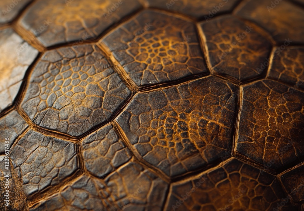 Poster close-up view of a textured turtle shell showing intricate patterns and rich earthy tones creating a