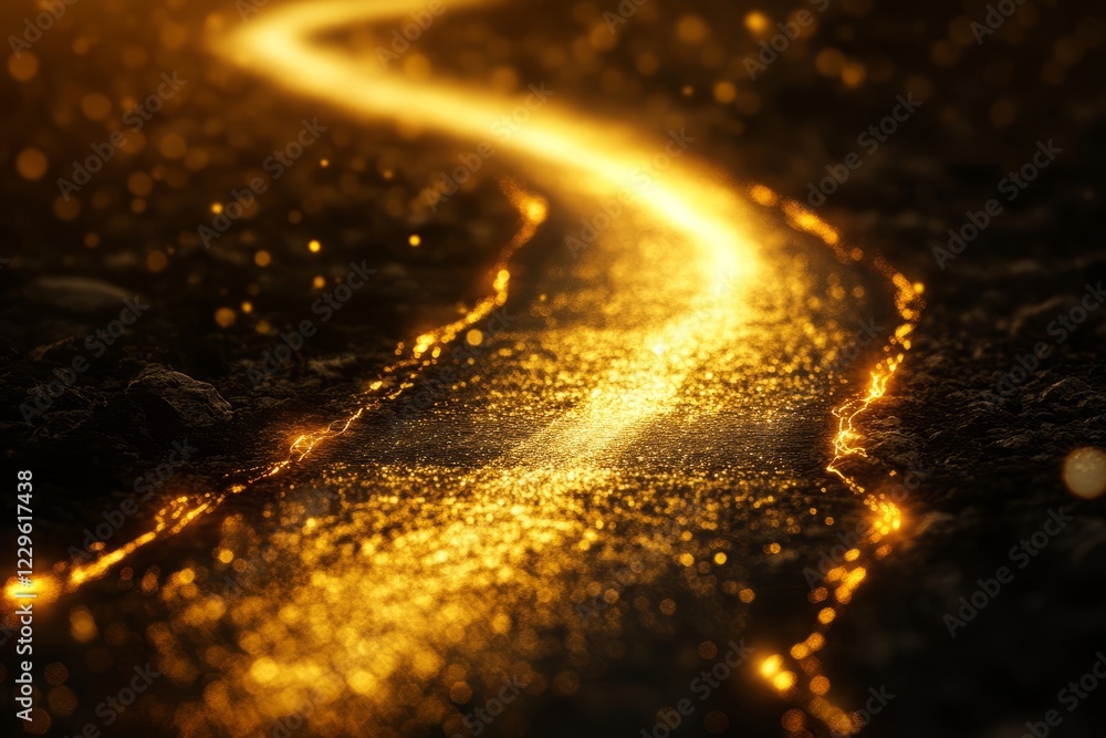 Poster a mesmerizing golden pathway glowing with light, winding through a mystical forest at dusk, creating