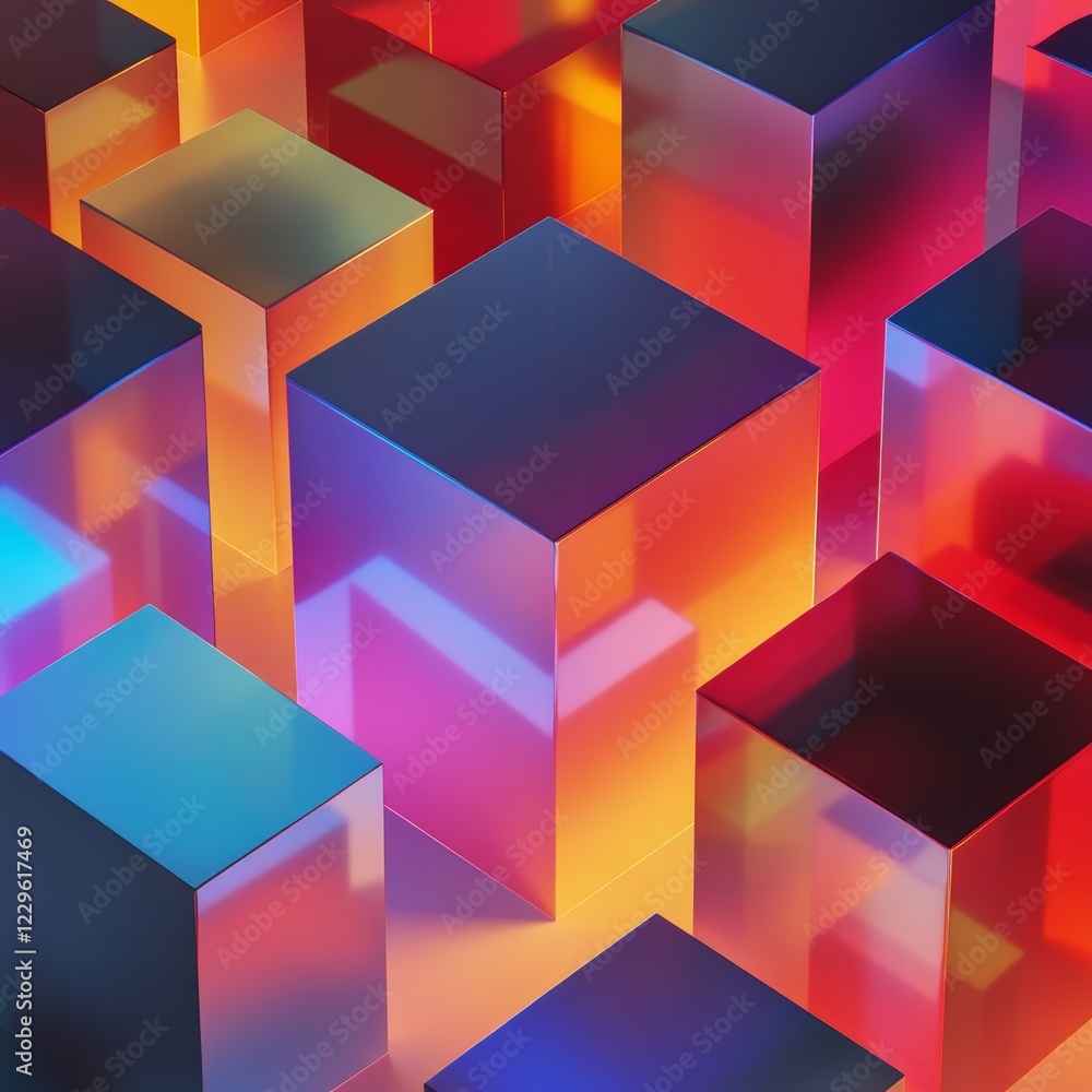 Poster a stunning abstract composition featuring glowing cubes in vibrant colors, creating a modern 3d envi