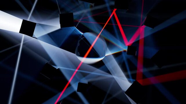 Abstract light rays experiment 3d animation.  Volumetric caustics optical effect.
