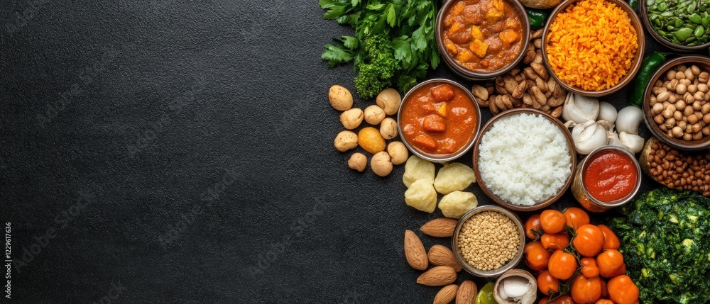 Poster assorted foods arranged in a circular pattern on a wooden table for a festive presentation