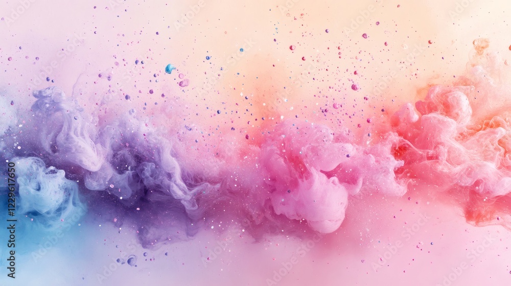 Poster abstract scene of colorful ink splatters in pastel shades of lavender mint and peach creating a soft